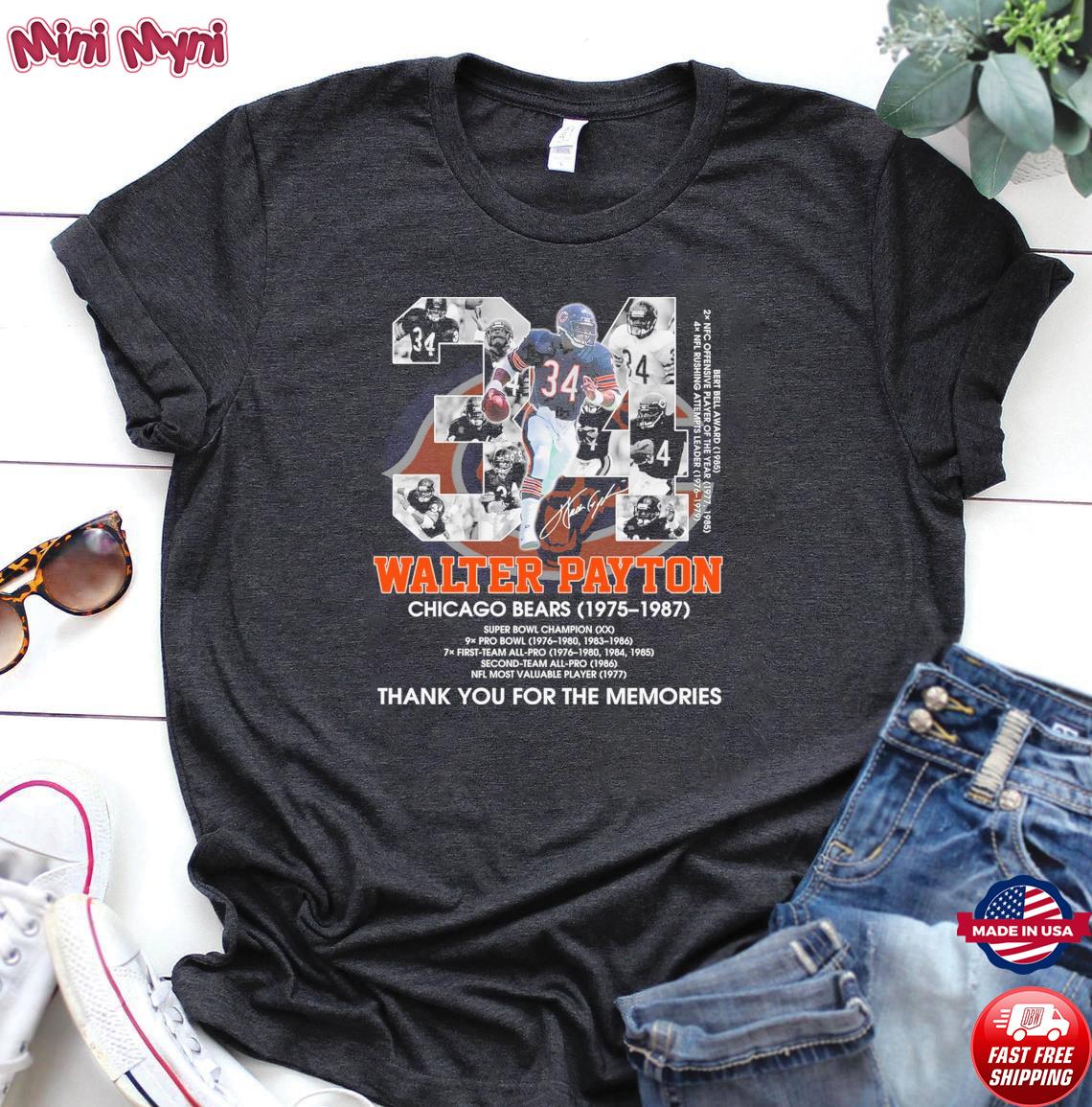 Walter Payton Chicago Bears 1975 1987 Signatures Thank For The Memories  Shirt - High-Quality Printed Brand