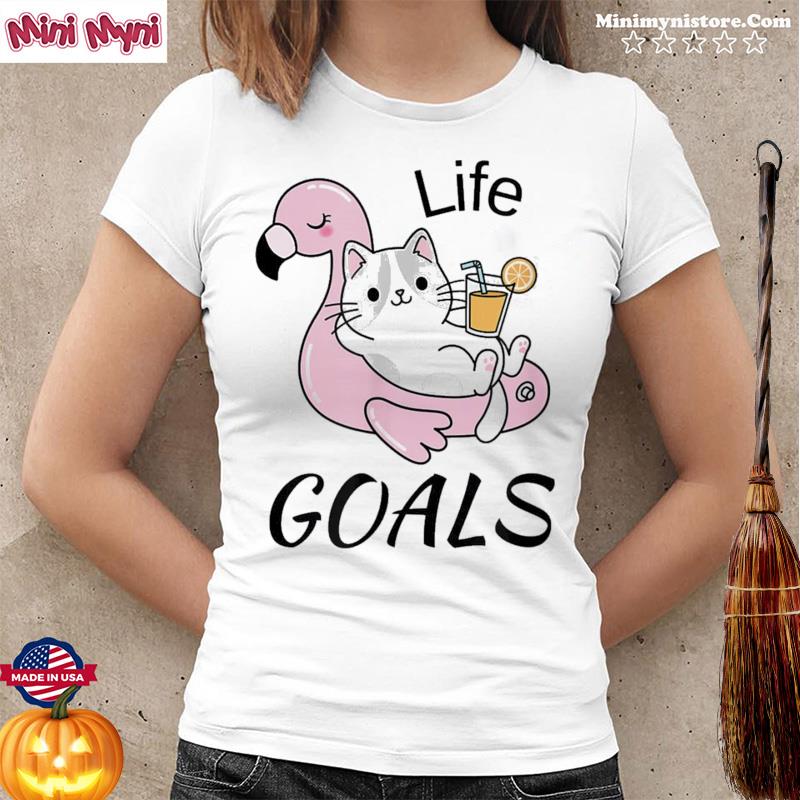 Life Goals Cat and Flamingo Floatie T-Shirt