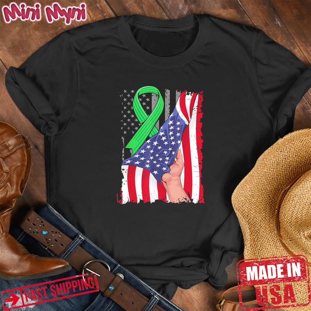 Kidney Disease Awareness American Flag Green Ribbon Tee Shirt