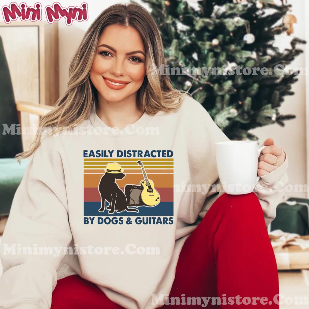 Easily Distracted By Dogs And Guitars Vintage Retro Shirt Hoodie
